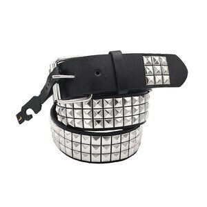 New Metal Studded Black Leather Belt Unisex 3-Rows Metal Pyramid Size Medium